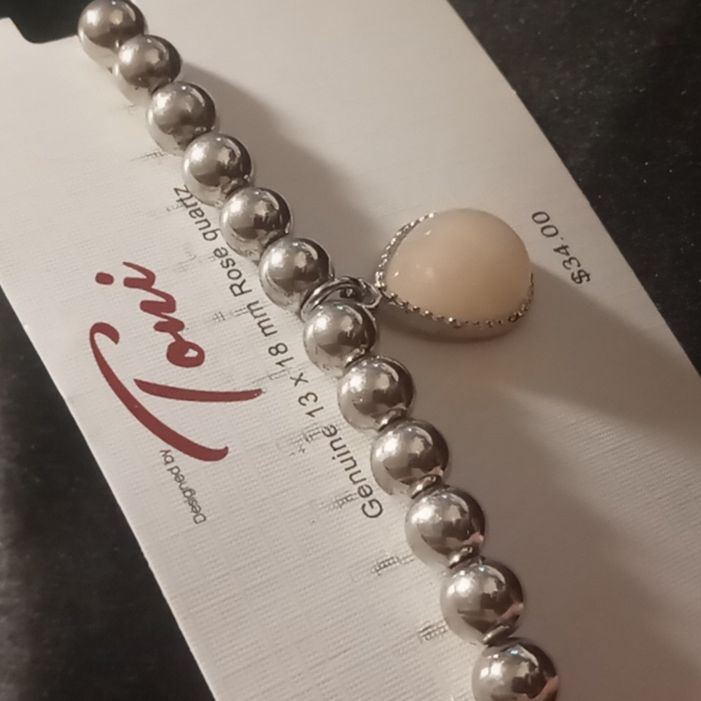 Toni Genuine Rose Quartz Silver Beaded Bracelet Nwt Expandable